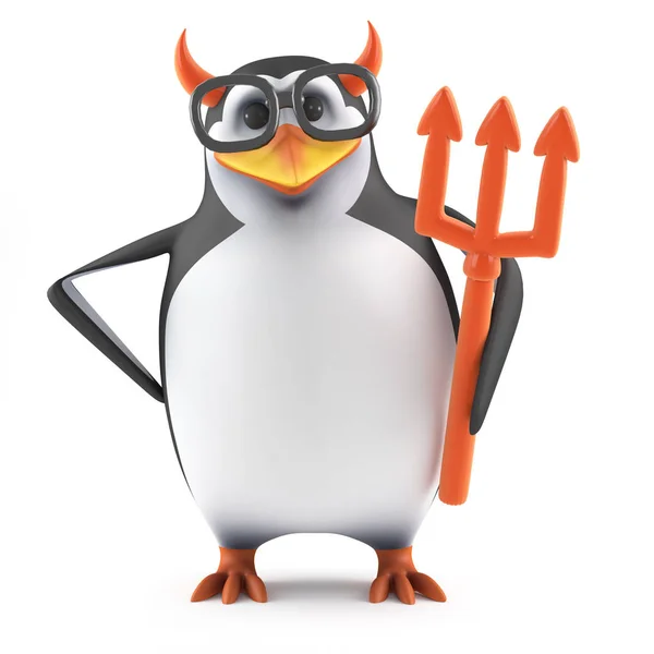 Render Pingwina Rogami Trzyma Trójząb — Zdjęcie stockowe