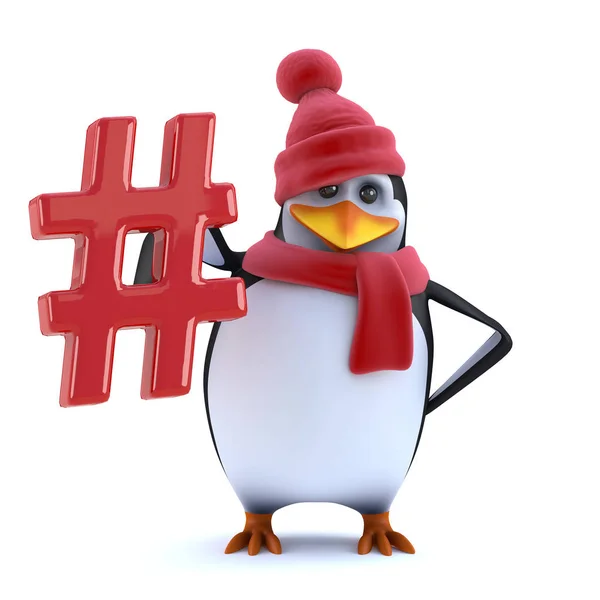Render Cute Cartoon Winter Penguin Character Woolen Hat Scarf Holding — Stock Photo, Image