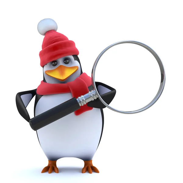 Sevimli penguen 3D render Büyüteç tutarak kış için giyinmiş.