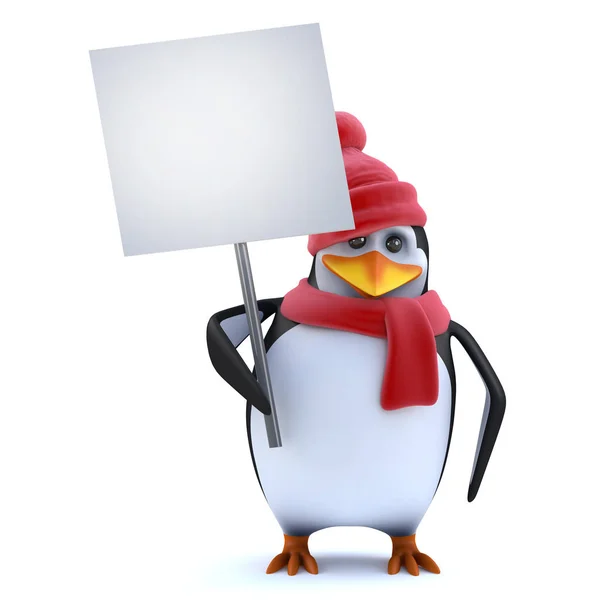 boş bir afişini tutan bir sevimli penguen 3D render.