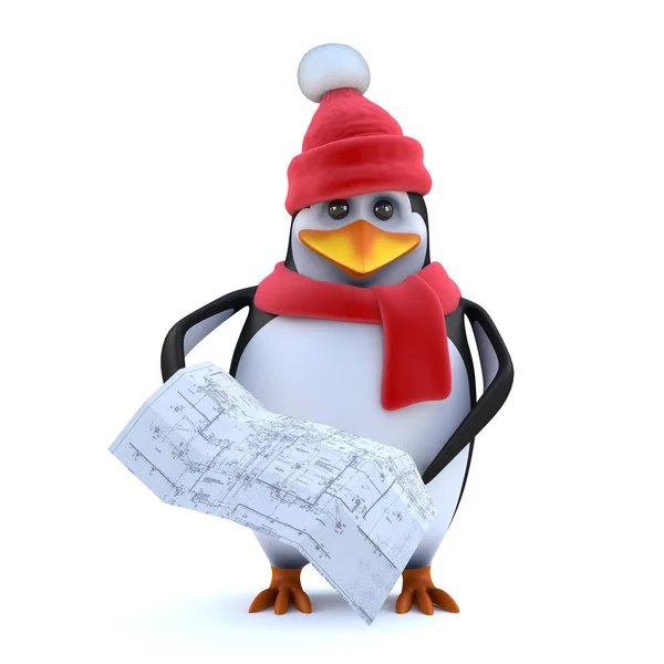 Rendering Simpatico Pinguino Vestito Inverno Con Una Mappa — Foto Stock