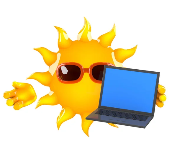 Render Sun Holding Laptop — Stock Photo, Image