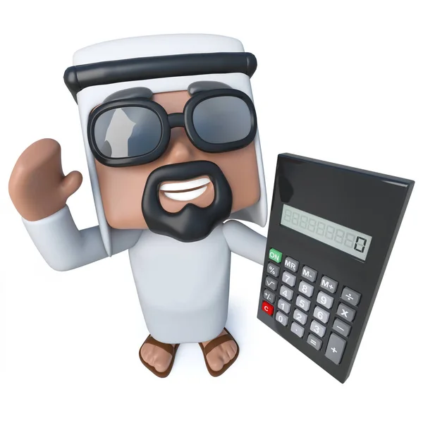 Καθιστούν Ένα Αστείο Καρτούν Άραβας Σεΐχης Χαρακτήρα Κρατώντας Μια Αριθμομηχανή — Φωτογραφία Αρχείου
