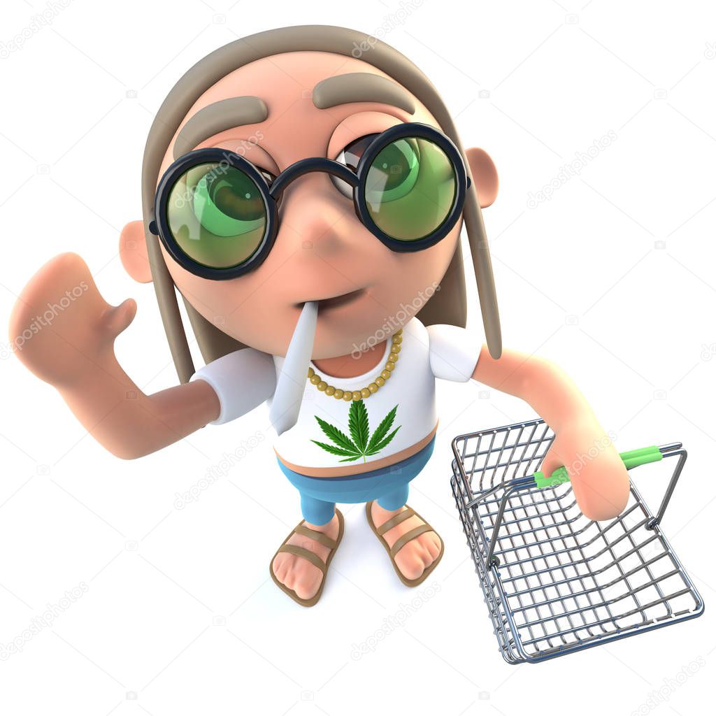 3d render of a funny cartoon hippy stoner character holding a shopping basket