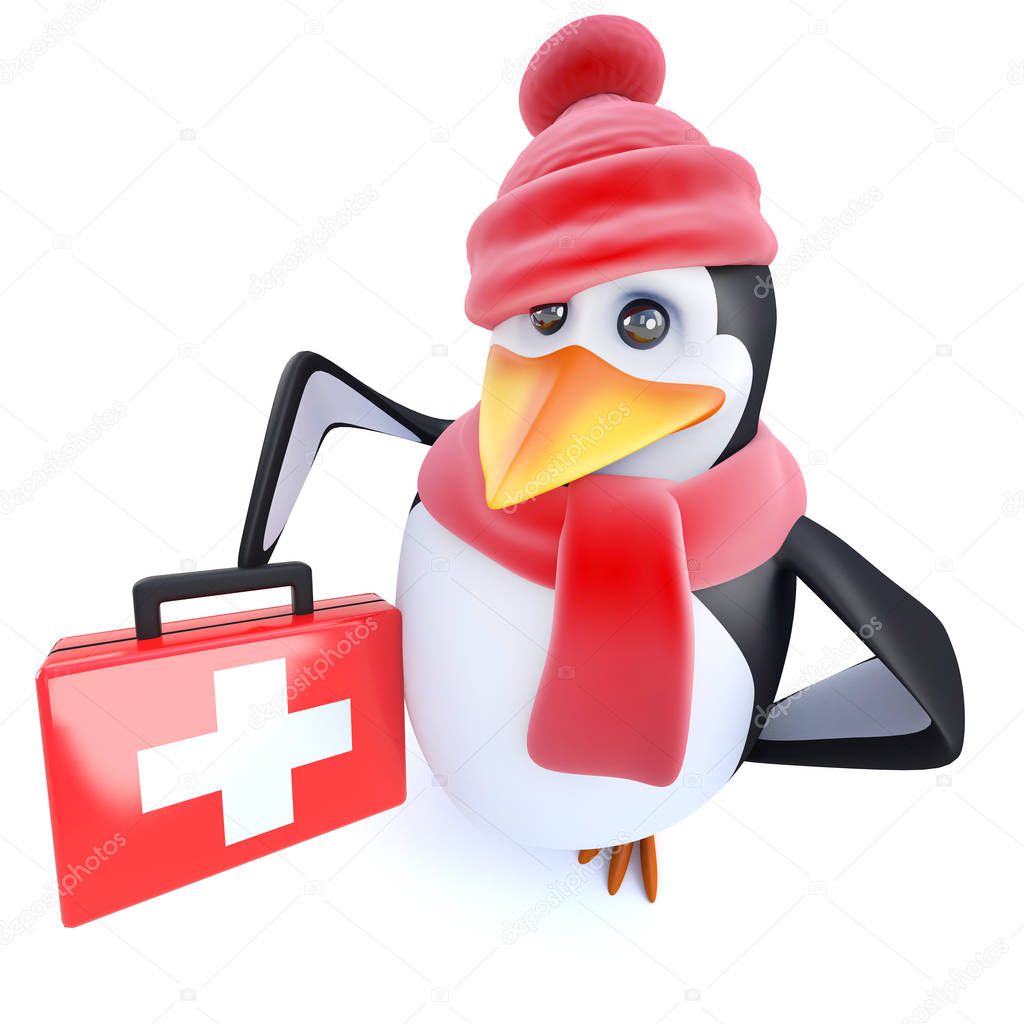 3d render of a funny cartoon penguin character dressed for winter holding a first aid kit