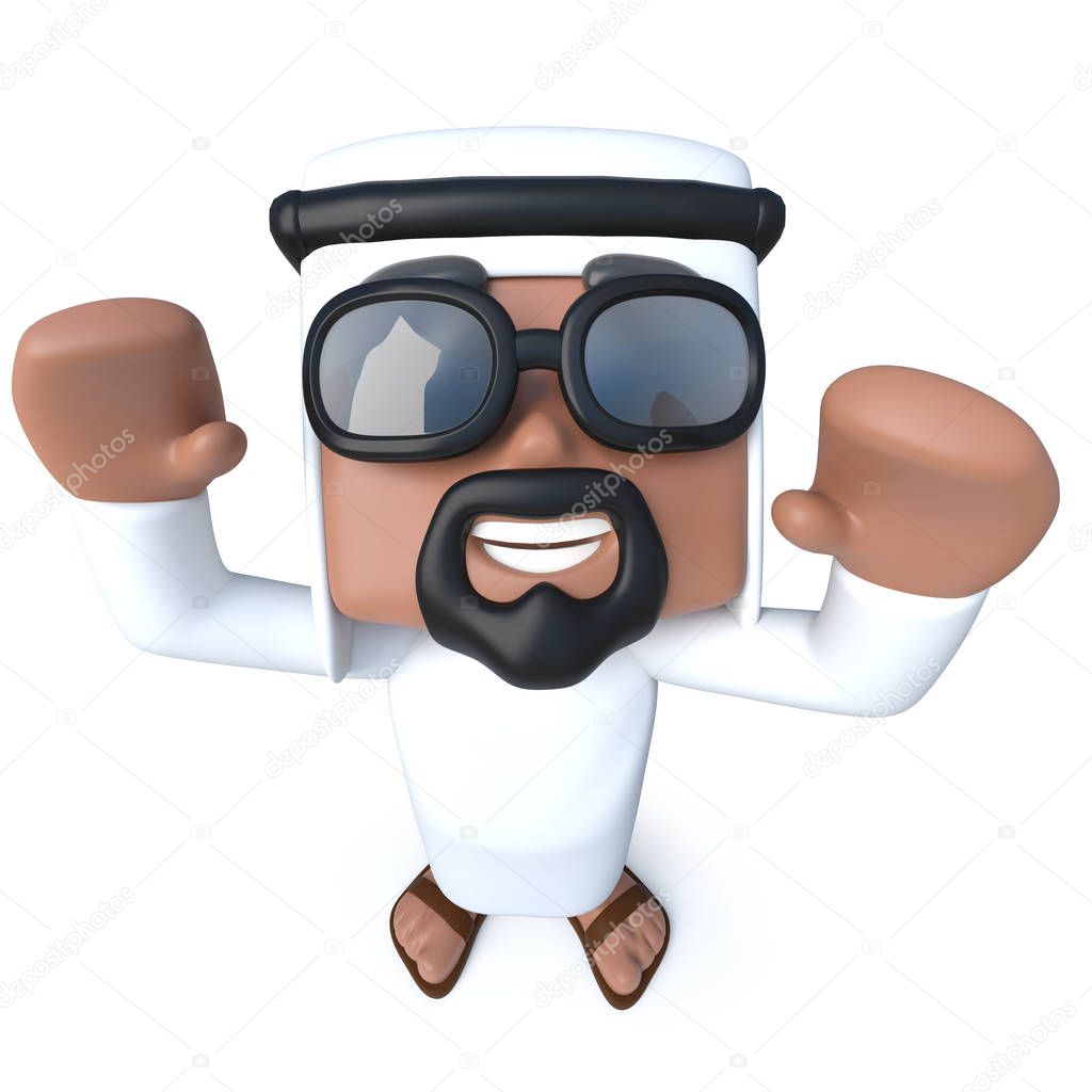 3d render of a funny cartoon arab sheik character is cheering with joy