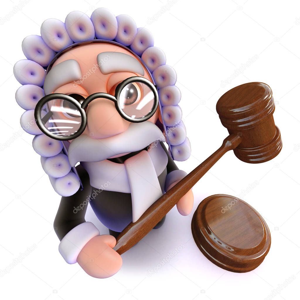 3d render of a funny cartoon judge character holding a gavel