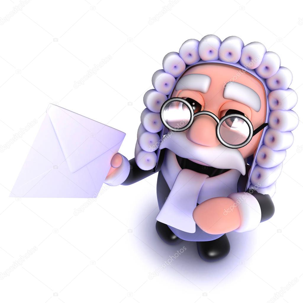 3d render of a funny cartoon judge character holding an envelope message
