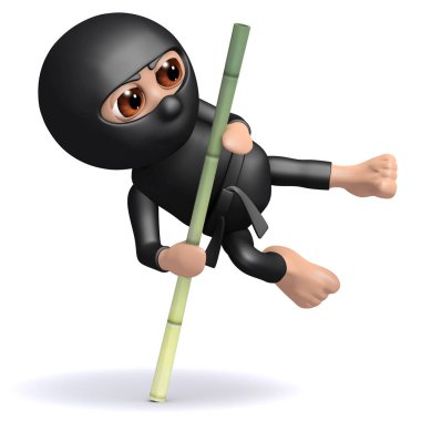 bir ninja sıçrayan bir bambu direk kullanarak 3d render