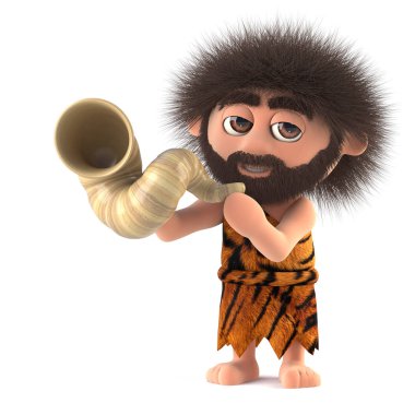 komik bir mağara adamı bir boynuz üfleme, 3d render.