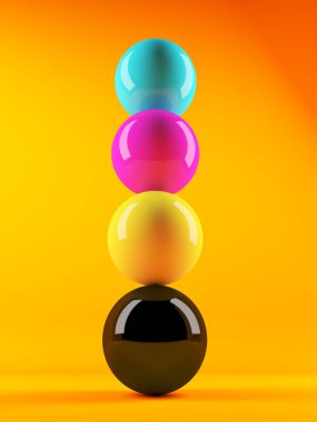 3D render CMYK renkli küreler turuncu bir arka plana karşı