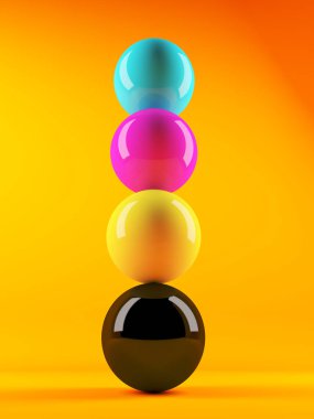 3d render of CMYK coloured spheres against an orange background clipart