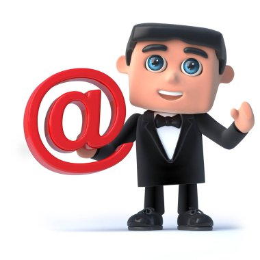 bir adamın bir smokin ve papyon holdiing bir e-posta adresi sembolü 3D render