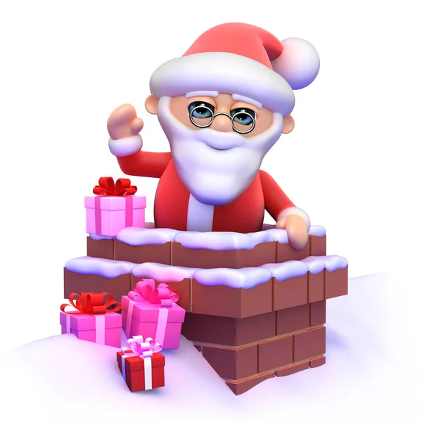 Render Van Santa Claus Zwaaien Uit Een Pot Van Schoorsteen — Stockfoto