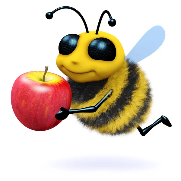 Render Bee Carrying Tasty Apple — Stock Photo, Image