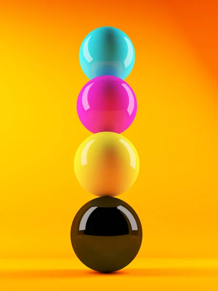 3D render CMYK renkli küreler turuncu bir arka plana karşı