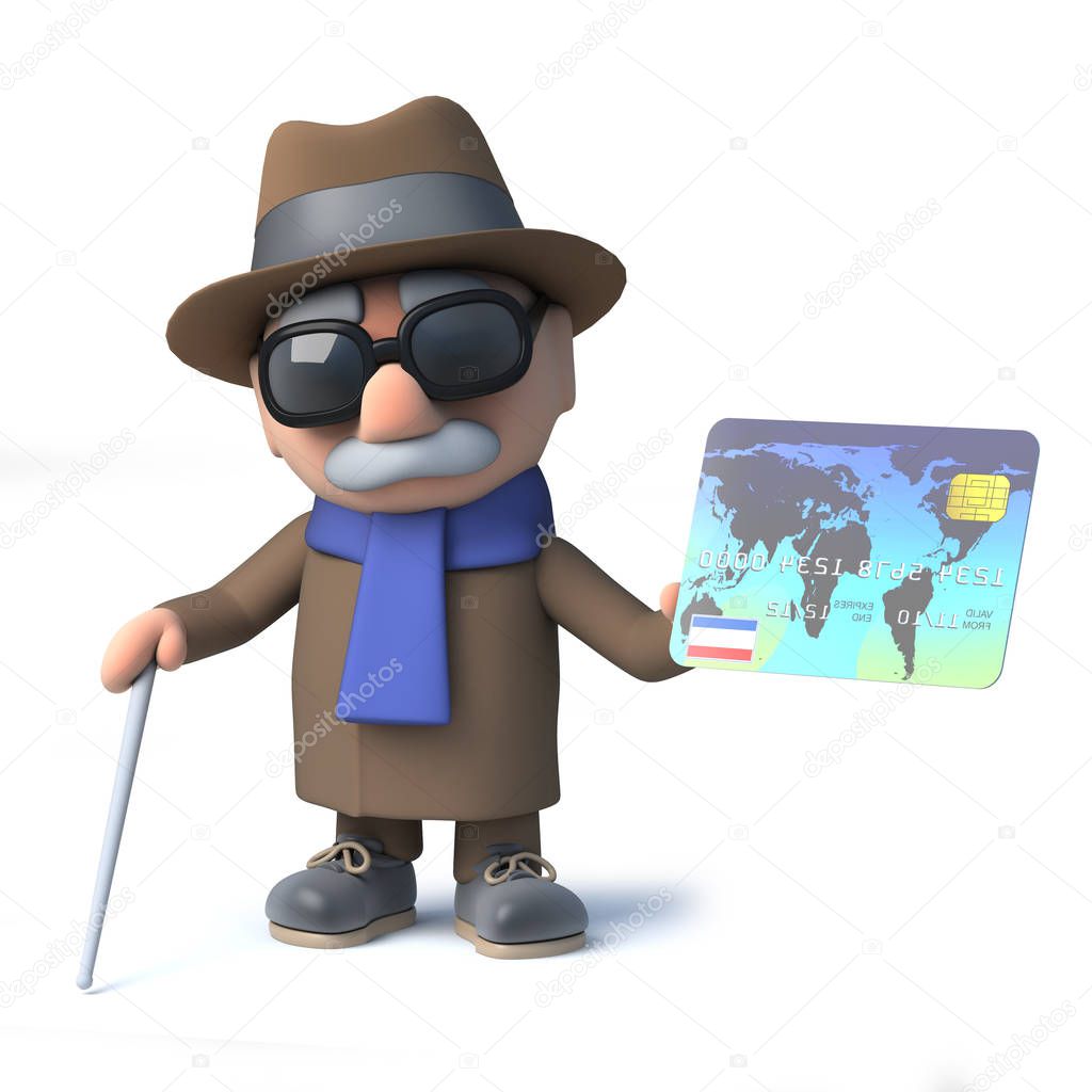 3d render of a cartoon old blind man character holding a debit card