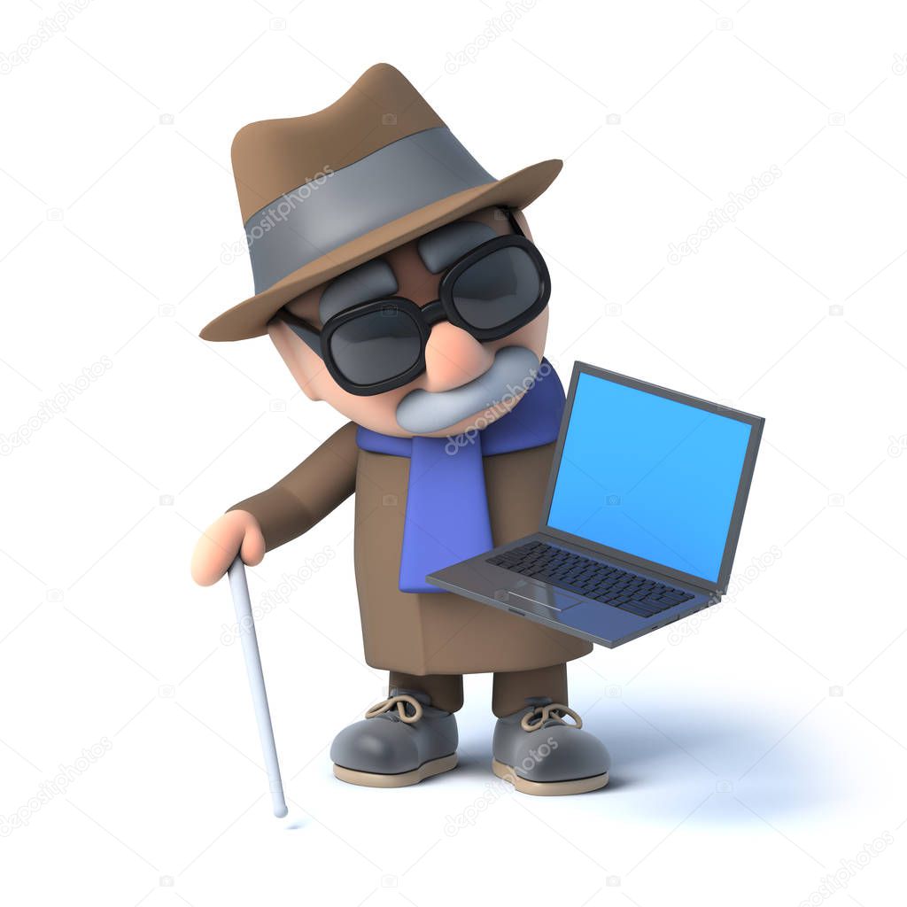 3d render of a visually impaired senior citizen holding a laptop pc