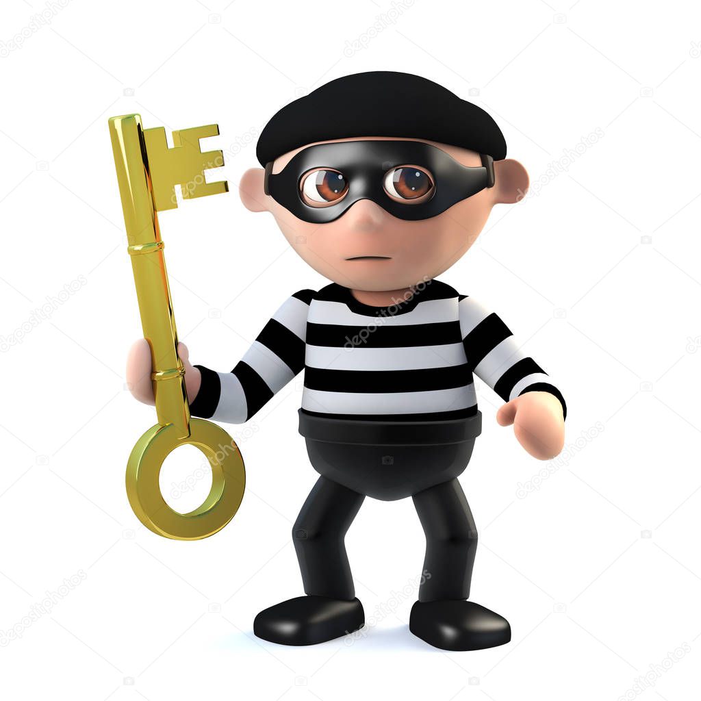 3d render of a burglar cartoon character holding a gold key.