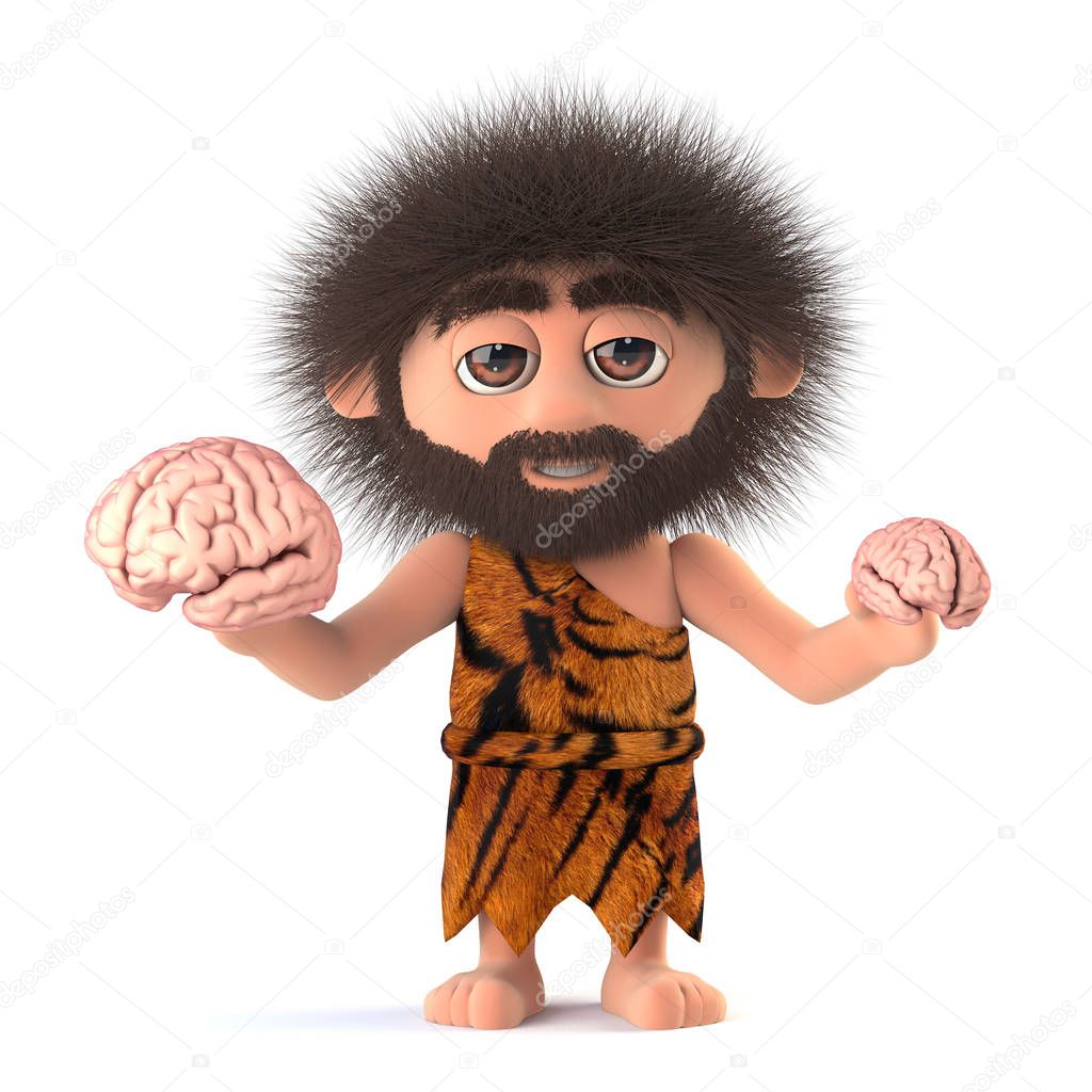 3d render of a funny caveman holding two different sized human brains.