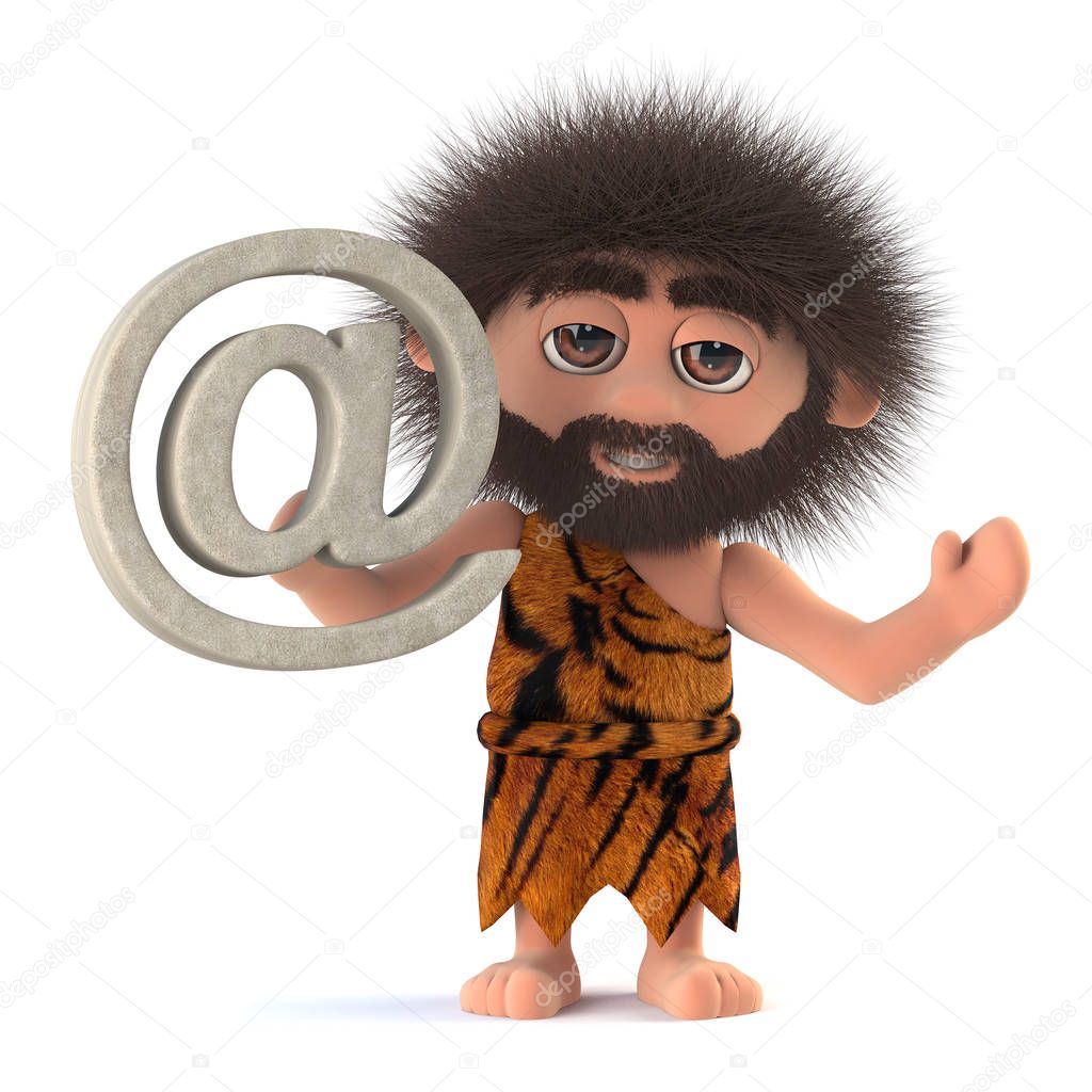 3d render of a cartoon caveman character holding an email address symbol