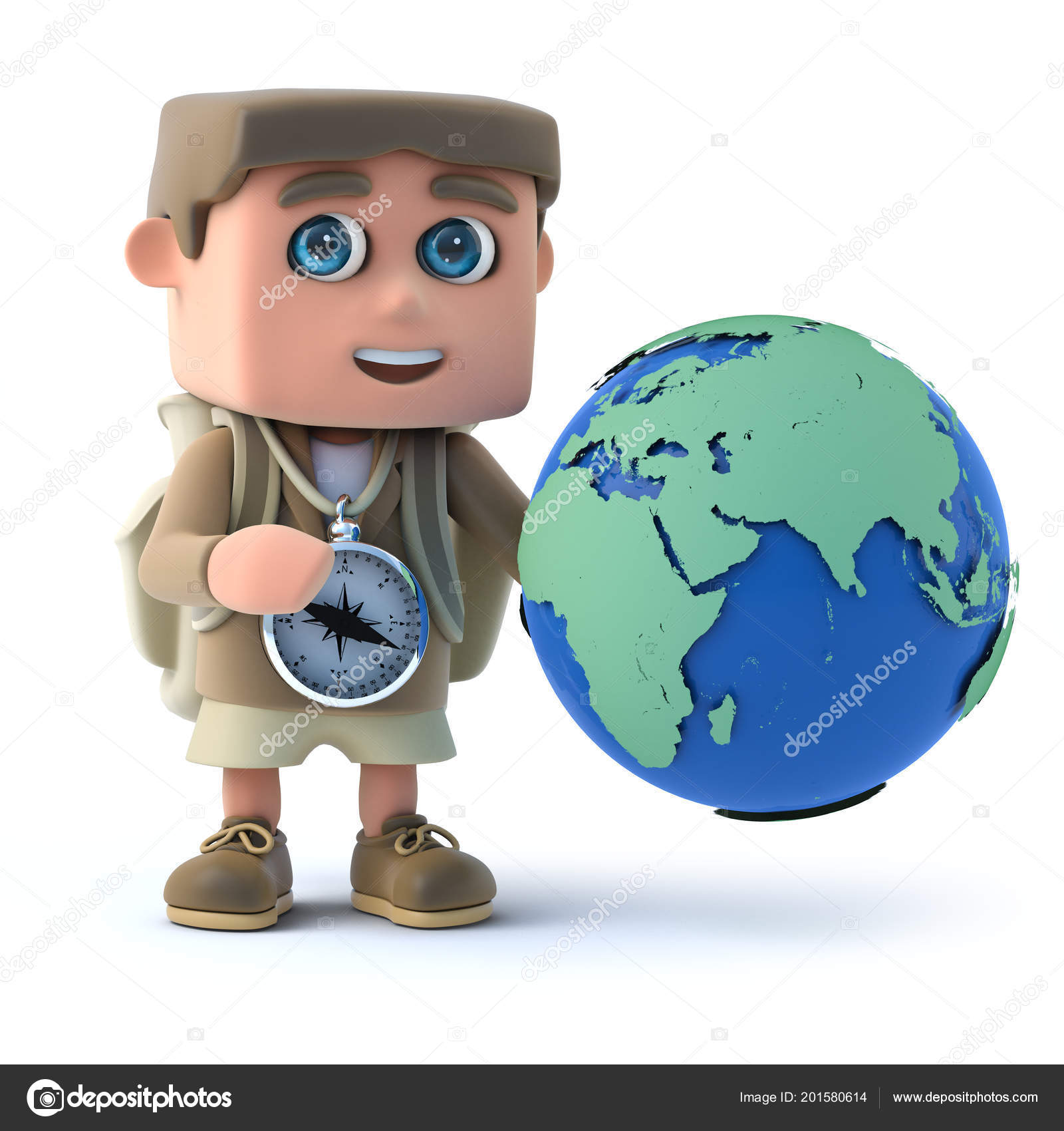 Drole Dessin Anime Randonneur Enfant Debout Pres Globe Terre Image Libre De Droit Par 3dalia C