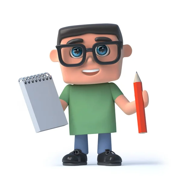 渲染一个男孩戴着眼镜拿着铅笔和记事本 — 图库照片