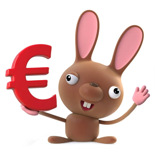 3d render of a cute cartoon Easter bunny rabbit character holding a Euro currency symbol