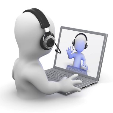 3D küçük gri adam video üstünde laptop kullanarak online sohbet sahip çizgi film