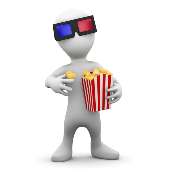 Render Little Man Wearing Glasses Eating Popcorn — Stock Photo, Image