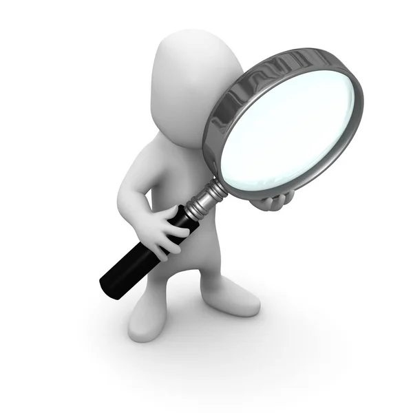 Little Cartoon Grey Man Looking Closely Magnifying Glass — Stock Photo, Image