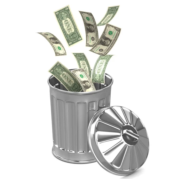 美元落入垃圾桶的渲染 — 图库照片#