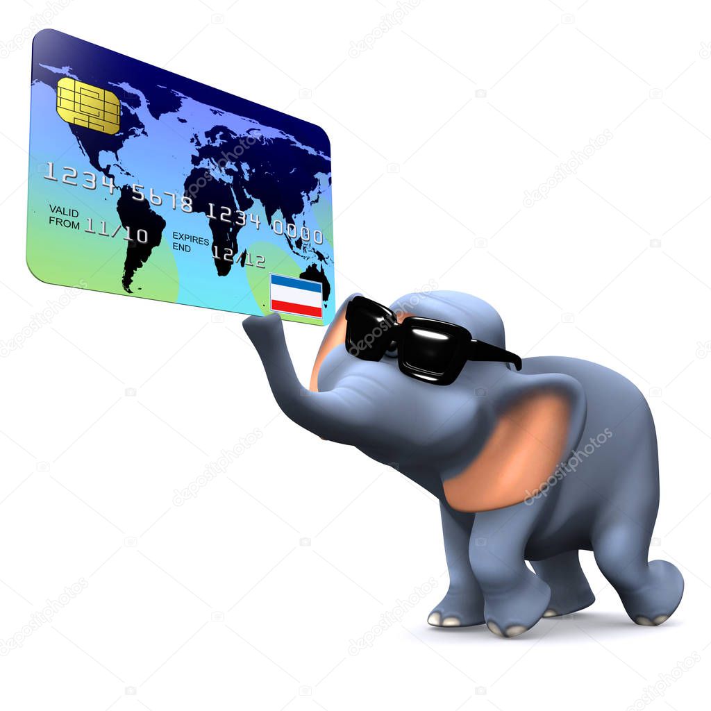 3d Funny cartoon elephant holding a credit card with its trunk