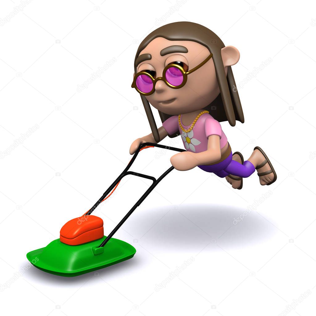 3d render of a hippy with a lawnmower