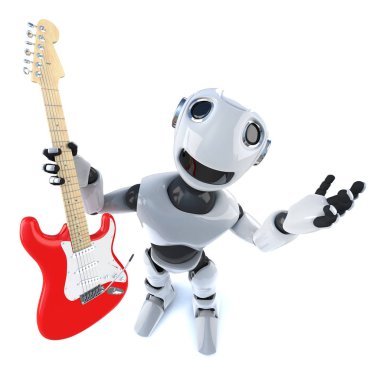 bir elektro gitar tutan bir serin robot mekanik adam 3D render