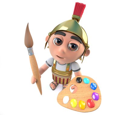 komik karikatür Romalı asker karakter resim paleti bir boya fırçası ile 3D render