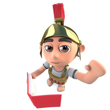 bir kitap okuma ve sallayarak komik karikatür Romalı asker gladyatör 3D render