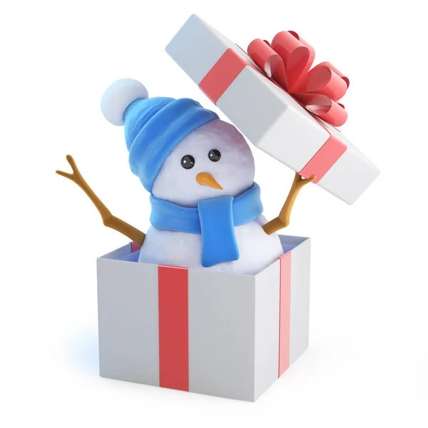 Render Snowman Blue Scarf Hat Appears Christmas Gift Box — Stock Photo, Image