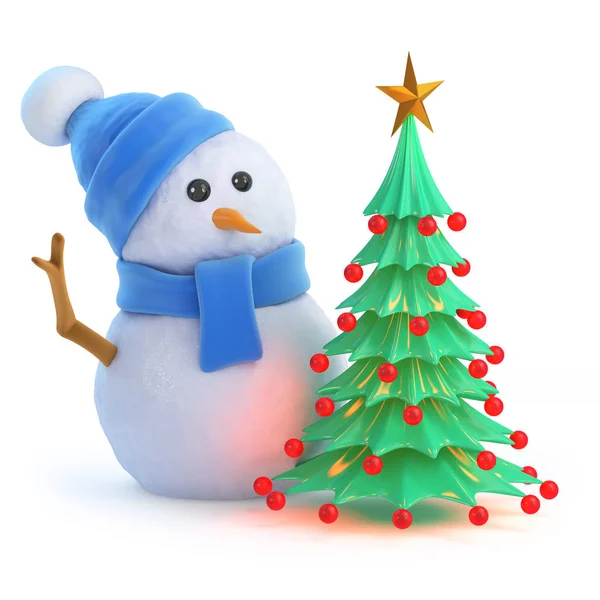 Darstellung Eines Schneemanns Blauem Schal Und Hut Mit Weihnachtsbaum — Stockfoto