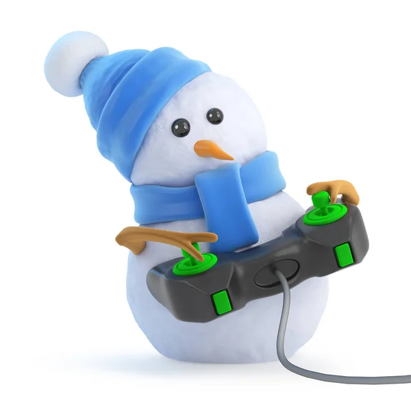 Representación Muñeco Nieve Una Bufanda Azul Sombrero Jugando Videojuego —  Fotos de Stock