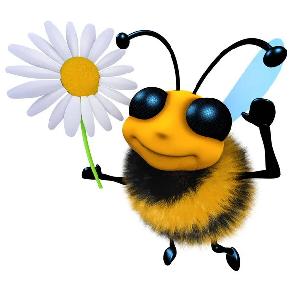 Render Funny Cartoon Honey Bee Character Holding Daisy Flower — Stock Photo, Image