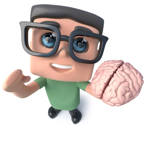 Renderizado Divertido Personaje Friki Dibujos Animados Nerd Hacker Sosteniendo Cerebro — Foto de Stock