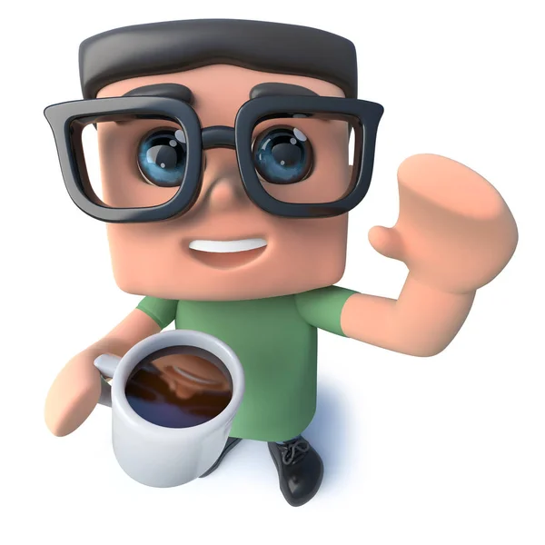 Render Engraçado Desenho Animado Nerd Geek Personagem Beber Uma Xícara — Fotografia de Stock
