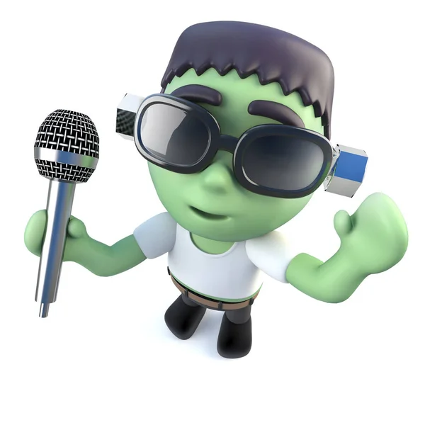 Rendering Divertente Cartone Animato Frankenstein Mostro Cantare Microfono — Foto Stock