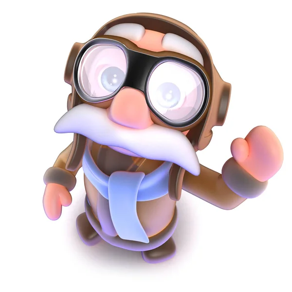 3d render of a funny cartoon pilot airman character waving hello