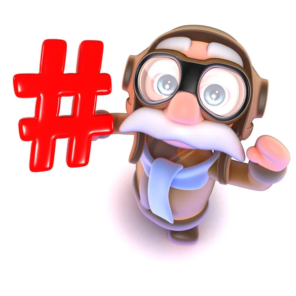 3d render of a funny cartoon airline pilot character holding a hashtag internet symbol