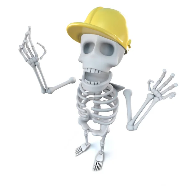 İnşaat kask giymiş bir komik karikatür iskelet karakterin 3D render