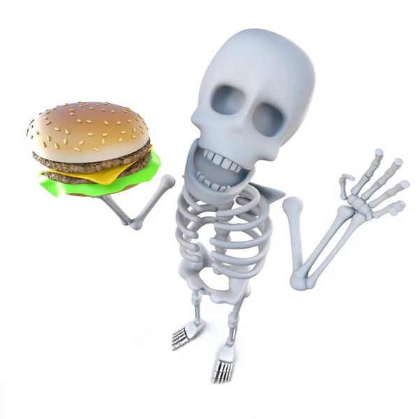 3d render of a funny cartoon skeleton holding a cheeseburger