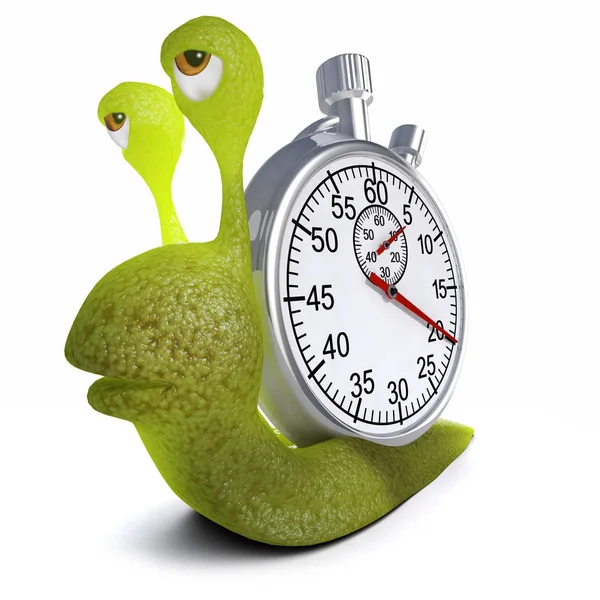 3d render of a funny cartoon snail bug carrying a stopwatch