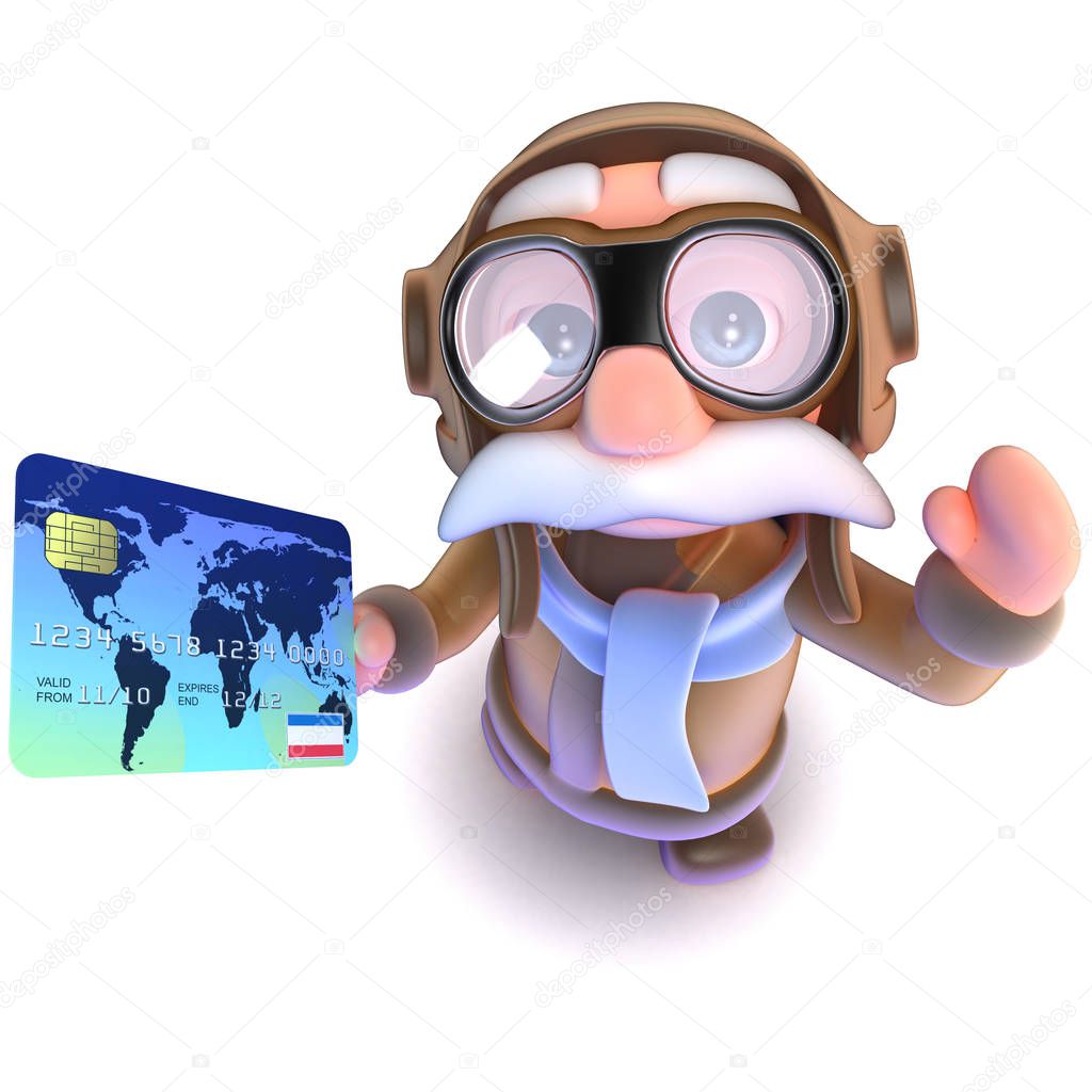 3d render of a funny cartoon pilot airman character holding a credit card